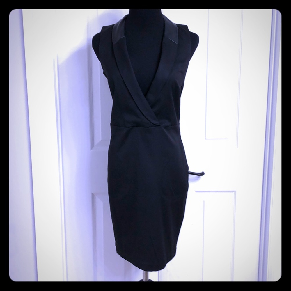 Tuxedo Sheath Dress Faux leather collar pockets BN